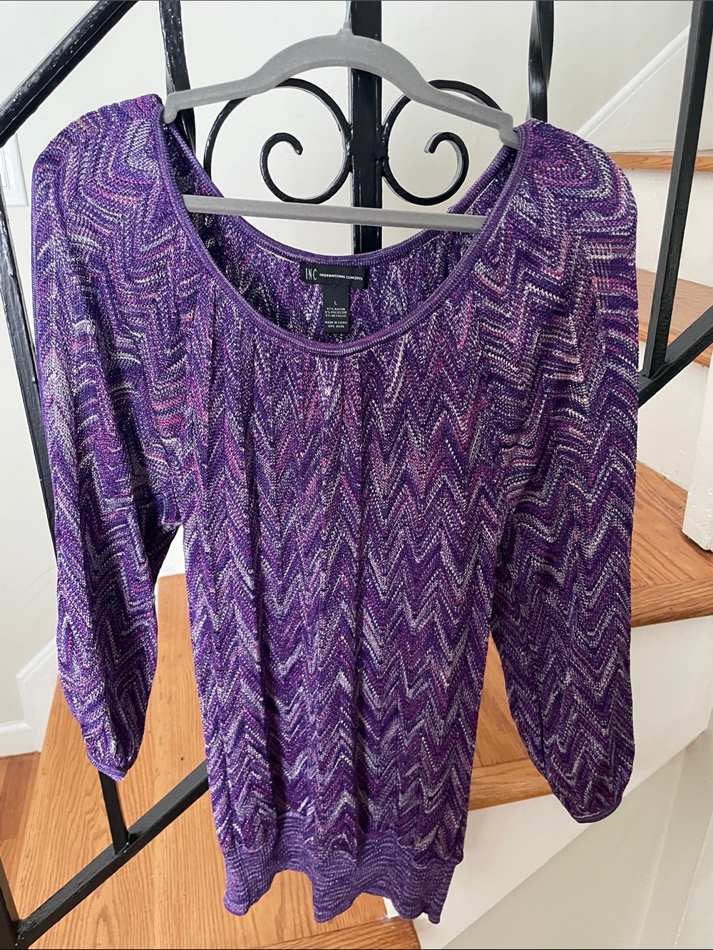 INC International Concepts Purple Chevron Knit Long Sleeve Top